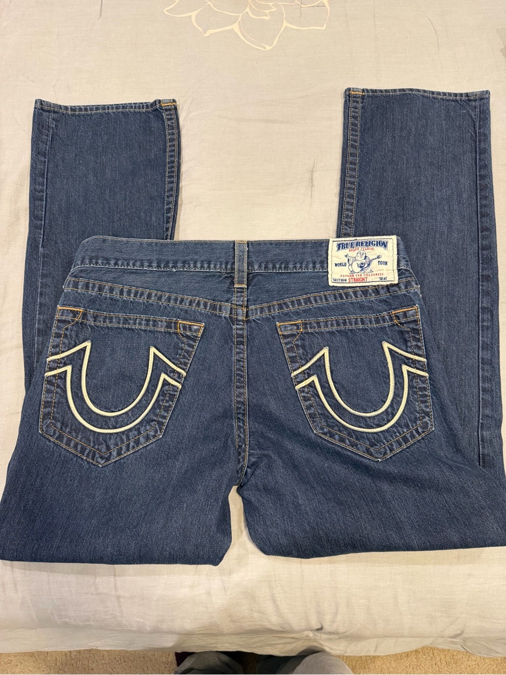 True Religion Men's Dark Blue Straight Jeans with White Pocket Trim